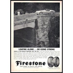 1962 Firestone Tires Vintage Print Ad White Convertible Boys Fishing Wall Art